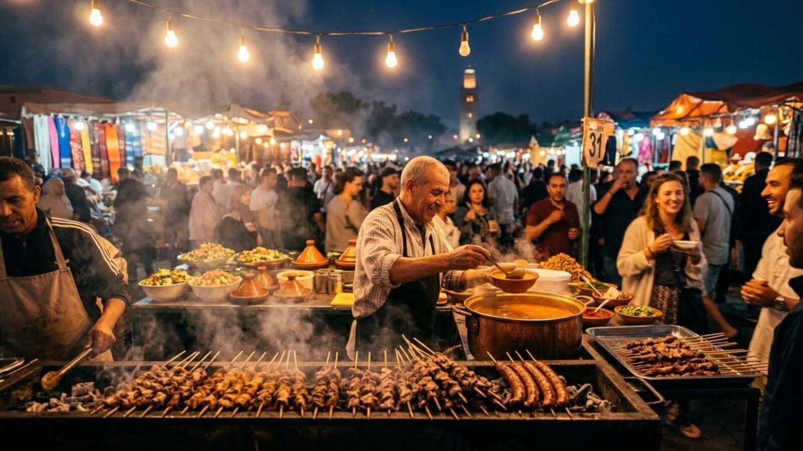 Charcoal grill piled with skewers and a bowl of harira at a smoky Jemaa el-Fnaa night food stall in Marrakech.
