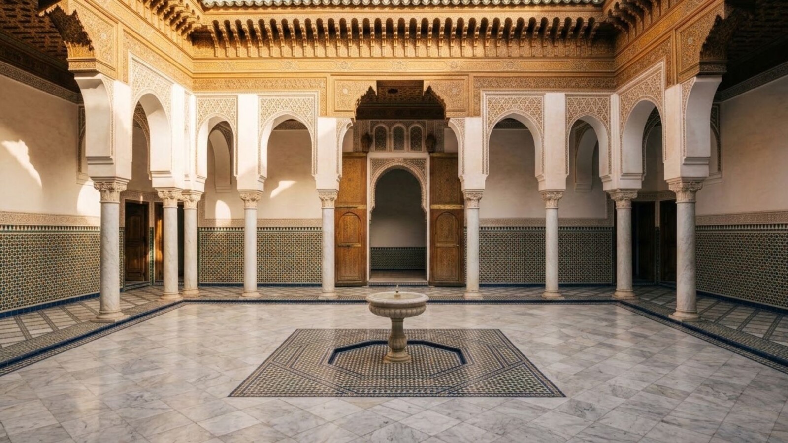 Sunlit marble courtyard of the Bahia Palace in Marrakech with painted cedar ceilings, horseshoe arches, and zellij tilework.