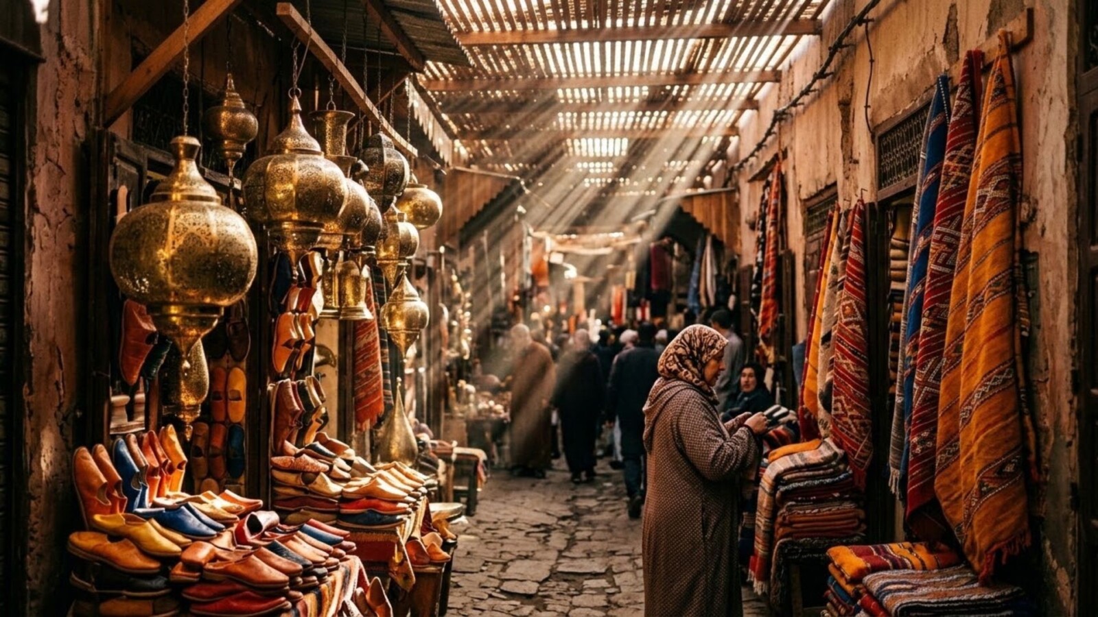 Sunlit covered lane in the Marrakech souks lined with brass lanterns, leather slippers, and colorful textiles.