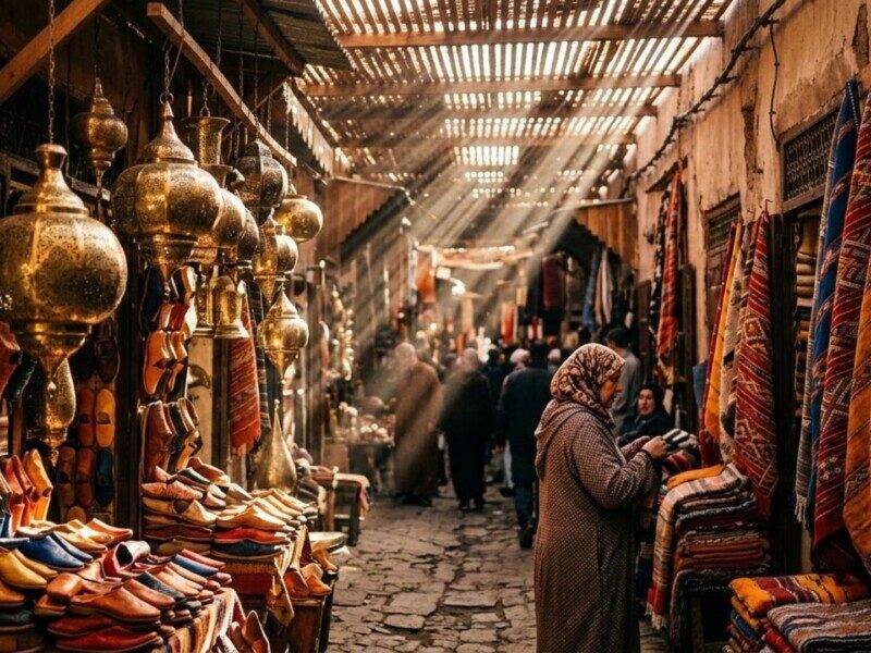 Sunlit covered lane in the Marrakech souks lined with brass lanterns, leather slippers, and colorful textiles.