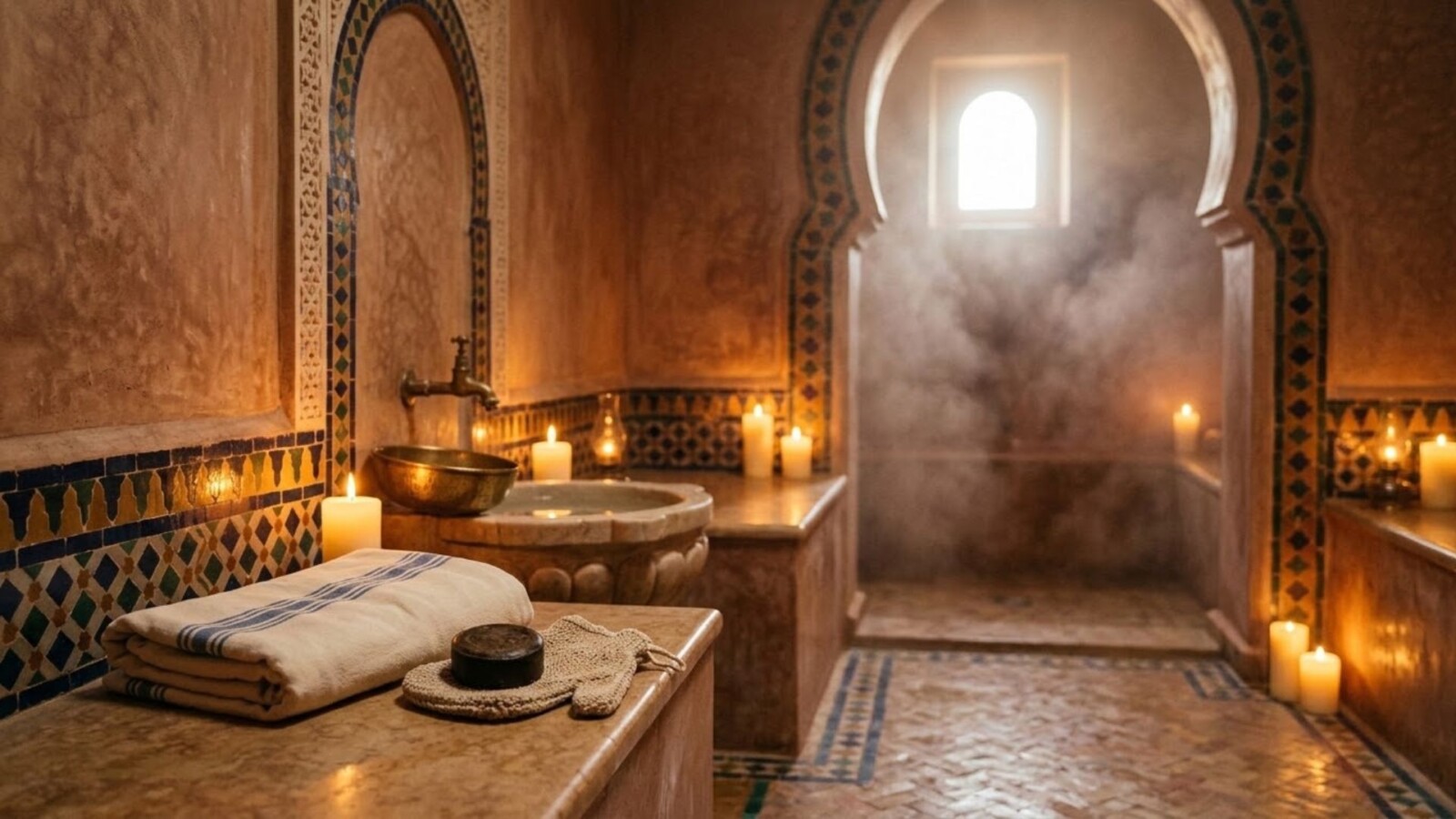 Candlelit traditional Moroccan hammam with tadelakt walls, a brass bowl, black soap, and a kessa glove.