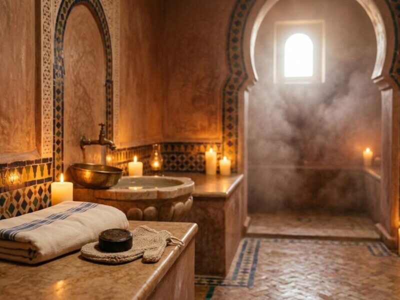 Candlelit traditional Moroccan hammam with tadelakt walls, a brass bowl, black soap, and a kessa glove.