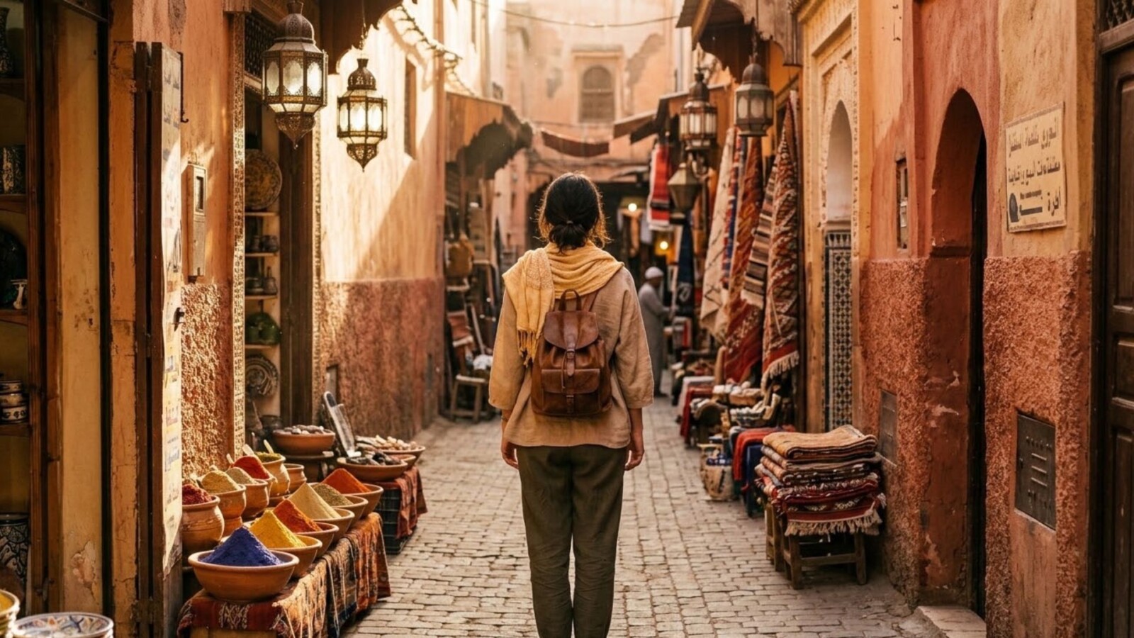 Solo female traveler walking through a warmly lit Moroccan medina alley lined with spices, lanterns, and woven rugs at golden hour.