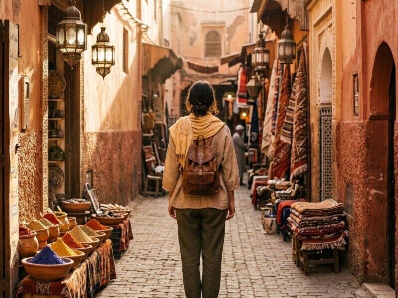 Solo female traveler walking through a warmly lit Moroccan medina alley lined with spices, lanterns, and woven rugs at golden hour.