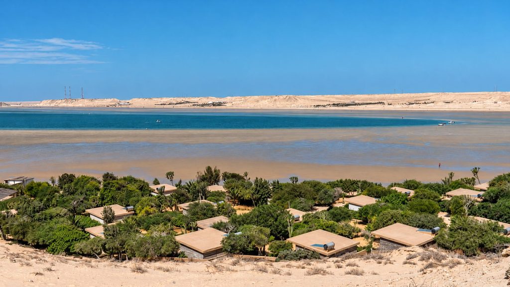 Dakhla lagoon overview with kite camp and desert dunes Aerial view of Dakhla lagoon's flat turquoise water bordered by a beachfront kite camp and Sahara dunes