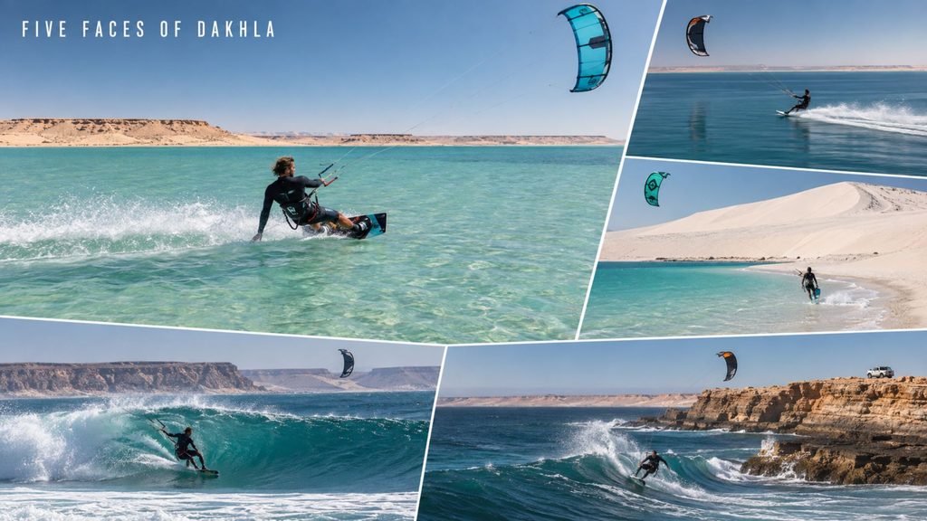 Five faces of Dakhla: lagoon, dune and wave kitesurfing spots Collage of five Dakhla kitesurfing spots: flat lagoon, white dune, and wave riding along the desert cliffs