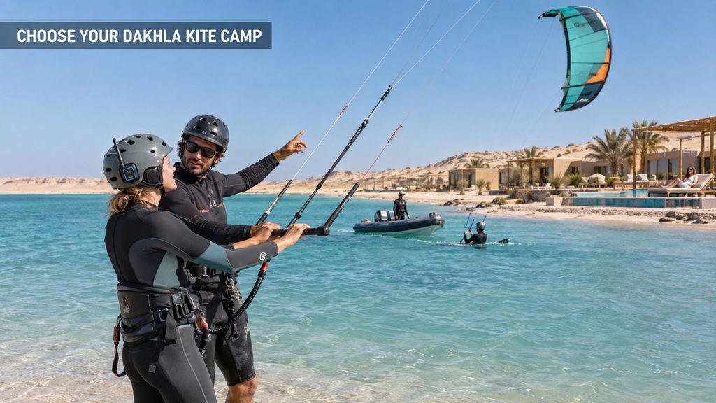 Choosing a kite camp in Dakhla: beach instruction session Kitesurfing instructor teaching a student kite control on the beach at a Dakhla kite camp